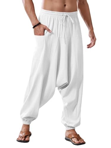 Image of Runcati Men's Cotton Harem Trousers Baggy Hippie Casual Linen Yoga Trousers Beach Deep Crotch Trouser, White, XL
