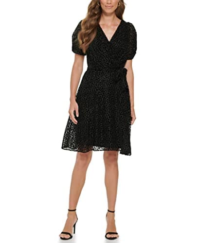 Image of DKNY Women's Knot Sleeve Fit and Flare Dress, Black Multi, 16