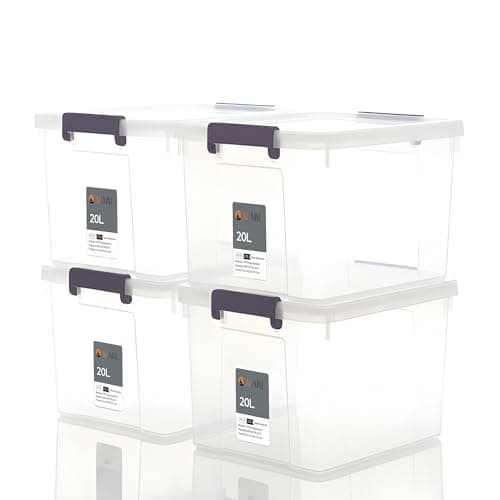 Image of AL AJAL 4 x 20 Litre Storage Boxes with Lids Set of 4, Clear Multipurpose Nestable Stackable Plastic Storage Box With Lid 30L Clear Containers For Home, Kitchen, Garage, Office, Accessories