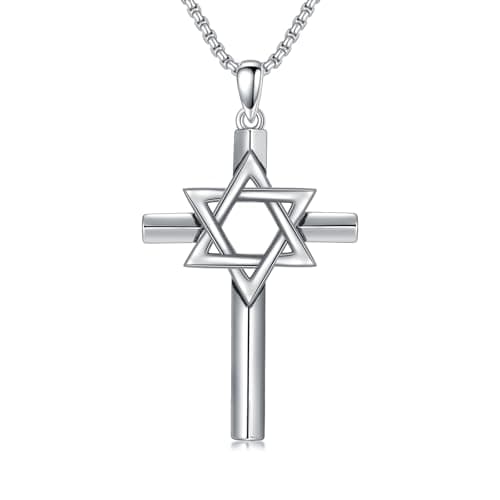 Image of PROESS Star of David Cross Necklace 925 Sterling Silver Jewish Necklace Star Crucifix Cross Pendant Judeo Christian Religious Jewelry Gifts for Men Women