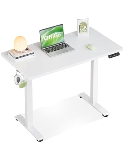 Image of OffiGo Standing Desk, 90cm Small Height Adjustable Desk with 3 Memory Heights, Electric Sit Stand Office Table for Home Office Workstations, Compact Computer Table for Small Spaces, White