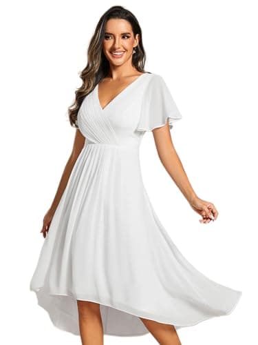Image of Ever-Pretty Women's Formal Wedding Guest Dress V-Neck Ruffle Sleeve Chiffon Gown with Flowy High-Low Hem in Bridesmaid Prom White 20