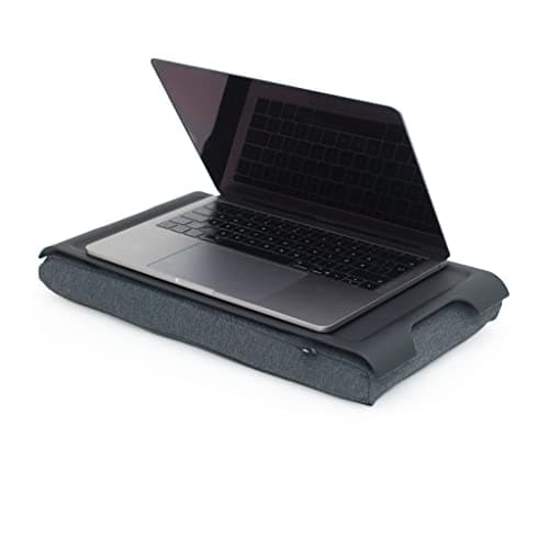 Image of Bosign Laptray with bean bag cushion. Portable Lap desk for Laptop, Breakfast, Dinner. Non-slip tray. Washable, removable cushion cover. Matte Black Tray. Grey cushion. MINI (43x23x6,5 cm cm)