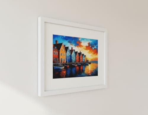 Image of Framed Colourful Coastal Houses Wall Art Print, Seaside Village Sunset Painting, Scandinavian Style Coastal Home Decor for Living Room or Office, Glass Front MDF Frame, 43 x 33 cm