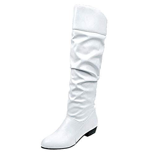 Image of Momolaa Women's Knee High Boots Size 5.5 White Slouchy Faux Leather Knee High Boots Wide Calf Low Heel Long Boots Winter Shoes Thigh High Boots