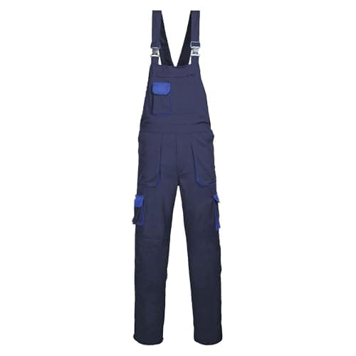 Image of Portwest TX12 Texo Contrast Bib and Brace Work Overalls Mens Workwear 10 Pockets UPF 40+ Sun Protection Elasticated Waist Knee Pad Pockets, Regular, Navy, L