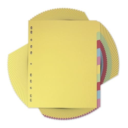 Image of Elba A4 Yellow 10-Part File Dividers, 25 Pack, Multi-Coloured Recycled Card Dividers, Multi-Hole Punched for Ring Binders