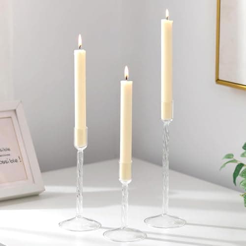 Image of Glasseam Glass Candle Sticks Holder Tall: Taper Candle Holder Set of 3 Decorative Candlesticks Clear Candle Holders for Living Room Modern Candlestick Holders for Home Wedding Centrepiece Decoration