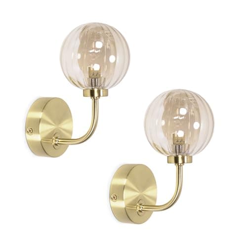 Image of ValueLights | Gold Metal Curved Stem Wall Light with Amber Ribbed Glass Globe Shade | Wall Lamps & Sconces, Home Décor & Improvement Essential | Pair of 2 | Includes Bulb | Mains Wired