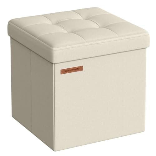 Image of SONGMICS Storage Ottoman, Foldable Small Ottoman Foot Rest, 30 x 30 cm Foot Stool, Ottoman with Storage, Load up to 130 kg, for Living Room, Bedroom, Dorm, Cream White LSF028W51