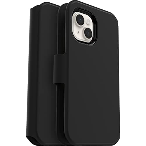 Image of OtterBox Strada Via Case for iPhone 14, Shockproof, Drop Proof, Slim, Soft Touch Protective Folio Case with Card Holder, 2x Tested to Military Standard, Black