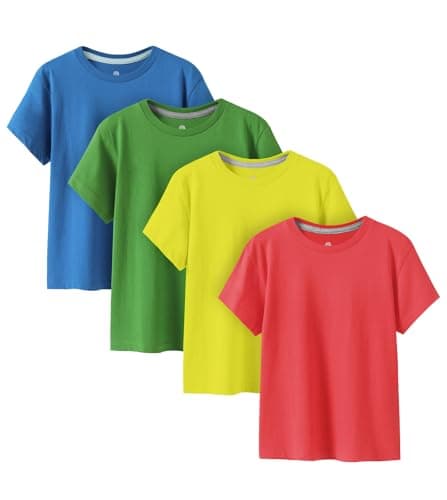 Image of LAPASA 4 Pack 100% Cotton Kids Plain T-Shirts Hypoallergenic Tee for Boys Girls Children School Uniform K01 (Red, Neon Yellow, Green, Blue, 11-12 Years)