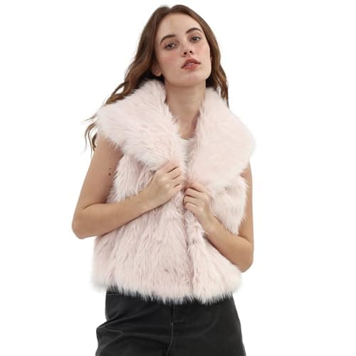 Image of Amazhiyu Faux Fur Gilet for Women UK, Lapel Open Front Cardigan with Pockets, Sleeveless V Neck Outwear Fluffy Vest for Winter/Autumn Light Pink XL