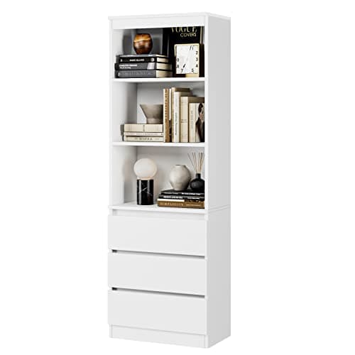 Image of FirFurd 180cm Tall Bookcase Bookshelf with 3 Drawers and Shelves Living Room Storage Cabinet Freestanding Display Cupboard Unit Wooden White