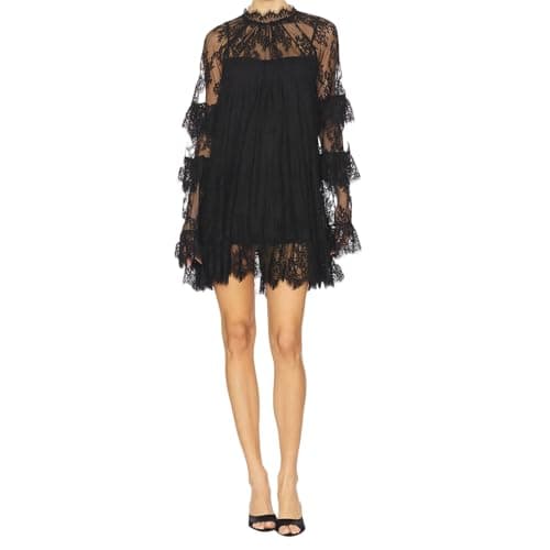 Image of BABWWNIX Womem's Sexy Lace See Through Floral Mini Dress Long Sleeve High Neck Sheer Short Dresses Going Out Beach Cover Ups (Black, M)