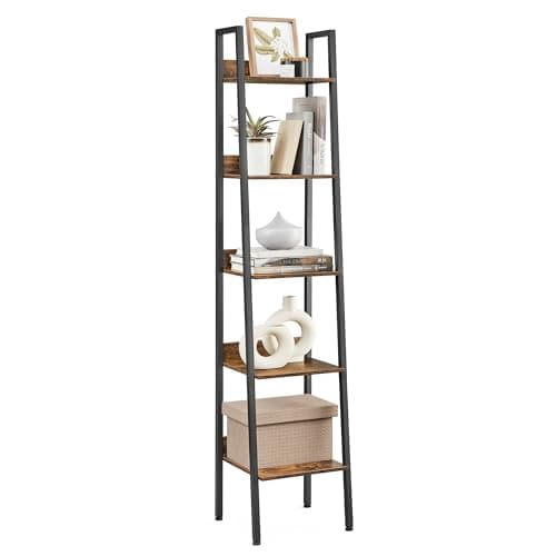 Image of VASAGLE Ladder Shelf, 5-Tier Narrow Shelf, Bookshelf for Home Office, Living Room, Bedroom, Kitchen, Industrial, Rustic Brown and Ink Black LLS109B01