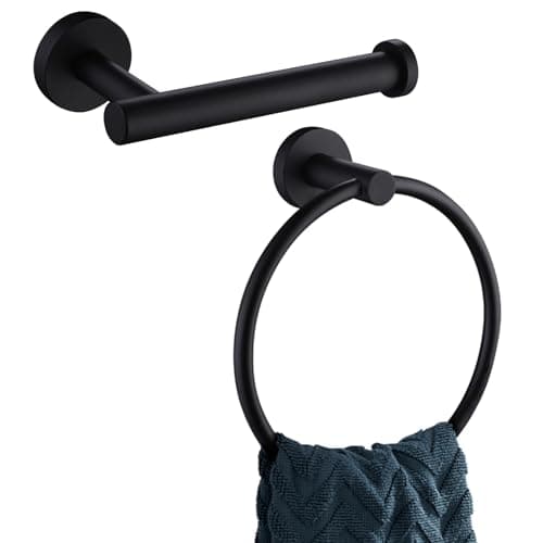 Image of APLusee Matte Black 2 Pieces Bath Accessories Set, Hand Towel Ring and Toilet Paper Holder, Stainless Steel Bathroom Hardware, Wall Mounted