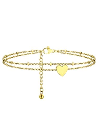 Image of PROSTEEL Gold Plated Anklet for Women, Cuban/Figaro/Rope Chain Ankle Bracelets Adjustable Stainless Steel -Send Gift Box (Gold Plated-heart)