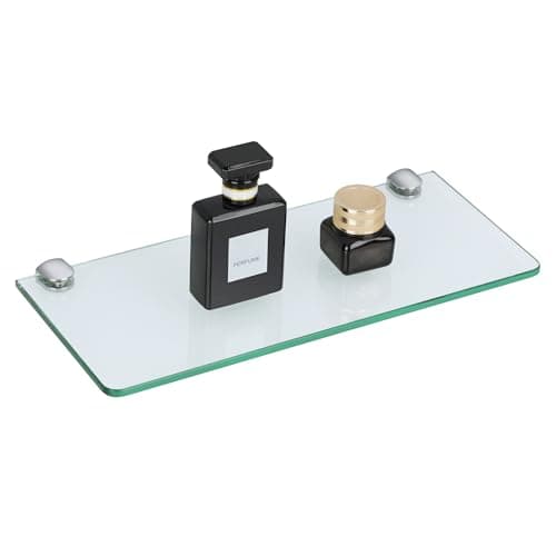 Image of SAYAYO Bathroom Glass Shelf Wall Mounted Floating Shelves 6MM Tempered Transparent Glass with Chromed Shelf Brackets for Home Decor Kitchen 300MM Length