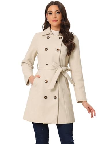 Image of Allegra K Winter Coat for Women's Peter Pan Collar Double Breasted Slant Pocket Button Down Belted Pea Coats Cream White L