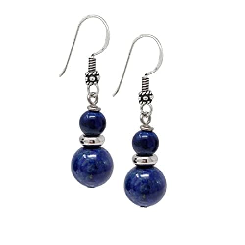 Image of TreasureBay Handmade Women's Natural Gemstone Double Beads and Sterling Silver Dangle Drop Earrings | Gift for Women, Girls (Blue Lapis Lazuli)