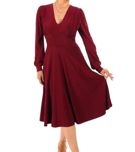 Image of Blue Banana Women's V Neck Fully Lined Long Sleeve Fit & Flare Knee Length Dress - Wine Size 18