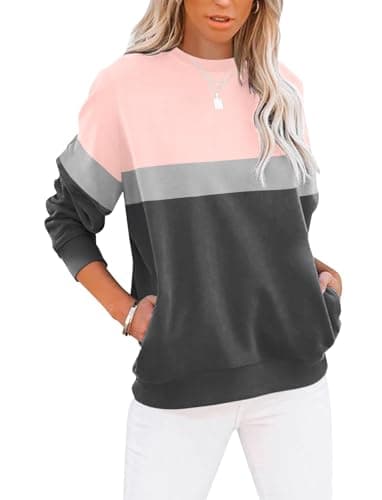 Image of Cuptacc Sweatshirt Women's Pullover Elegant Crew Neck Colour Block Women's Tops Loose Long Sleeve Shirt Pockets T-Shirt Women Rose grey S