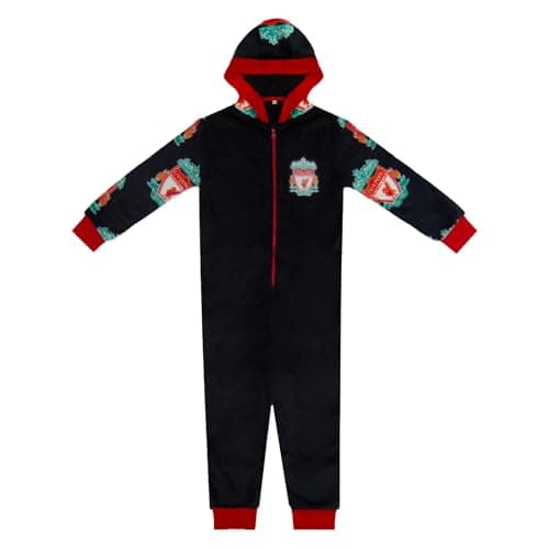 Image of Liverpool FC Official Football Gift Kids Fleece Hooded All-In-One Black 10-11 Years