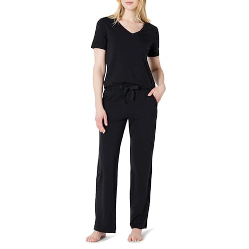 Image of Amazon Essentials Women's Soft Cotton Blend Short Sleeve T-Shirt and Trousers Sleepwear Set, Black, XL