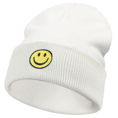 Image of SONMONY Smiley Face Cuffed Beanie Hats for Women Mens Winter Knit Caps Soft Warm Smiley Stretchy Beanies Hat, White, One Size