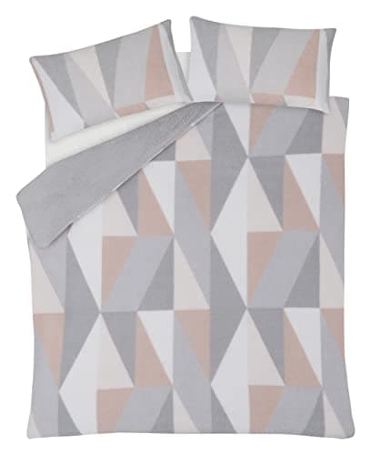Image of Sleepdown Geometric Teddy Fleece Thermal Warm Cosy Super Soft Duvet Cover Quilt Bedding Set with Pillow Case - Blush Pink - Single (135 cm x 200 cm)