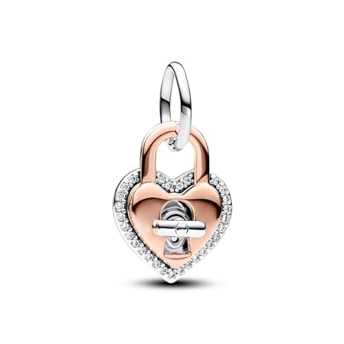 Image of Pandora Moments Padlock heart sterling silver and 14k rose gold-plated dangle with clear cubic zirconia