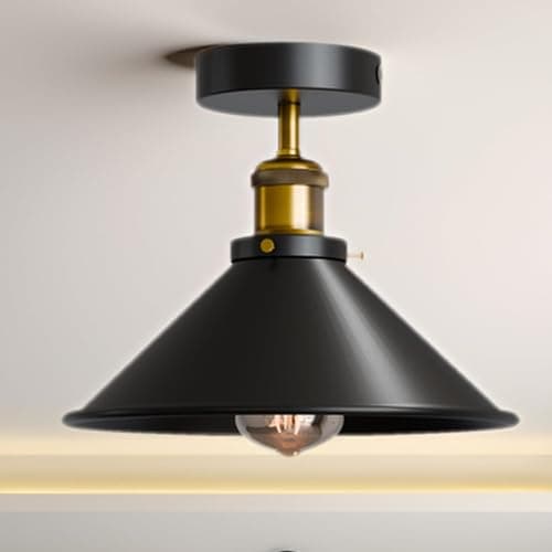 Image of LEDSone Vintage Semi Flush Mount Ceiling Light Metal Cone Shape E27 Lights Fitting with Bulb for Kitchen Bedroom Hallway Restaurant Bar Hotel Dining Room Black