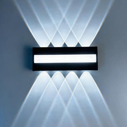 Image of Outside Wall Lights - 6000K Cool White Lighting, IP65 Waterproof Modern Indoor Outdoor Black Wall Lamp, Up Down 8 Lamps Outside Lights, Outside Lights Mains Powered for Living Room, Porch, Gardens