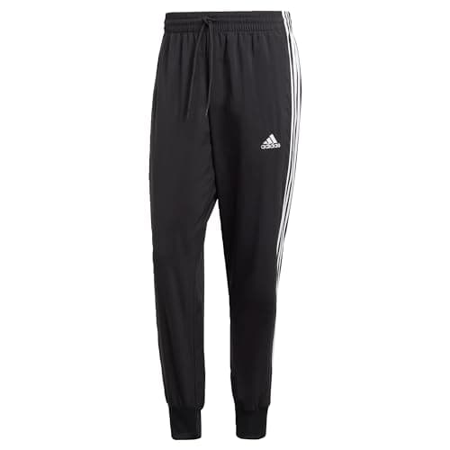 Image of adidas Men's AEROREADY Essentials Tapered Cuff Woven 3-Stripes Pants, Black/White, S Short