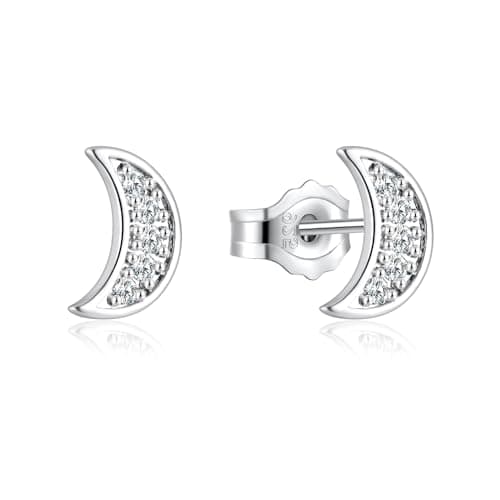 Image of Zolkamery Sterling Silver Studs Earrings, 925 Sterling Silver Studs Earrings for Women, Small Moon Silver Stud Earrings with 5A Cubic Zirconia, Hypoallergenic Cartilage Sleeper Earrings for Girls 8mm