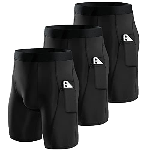 Image of Niksa 3 Packs Mens Compression Shorts Running Base Layer Shorts Men's Workout Shorts with Cell Phone Pockets Tight Dry and Breathable Sports Shorts for Cycling Yoga Boxing Gym, Black,L