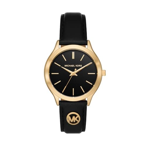 Image of Michael Kors Slim Runway Watch for Women, 38mm Quartz Three Hand Movement with Leather Strap, Black and Gold, 38 mm
