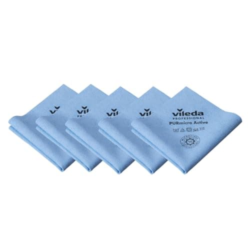 Image of Vileda Professional PURmicro Active Cloths,Blue 5-Pack – High‑Performance Microfibre with PUR Coating for Fast,Streak‑Free,High‑Absorption Cleaning on Glass,Stainless Steel & Smooth Surfaces (38x35cm)