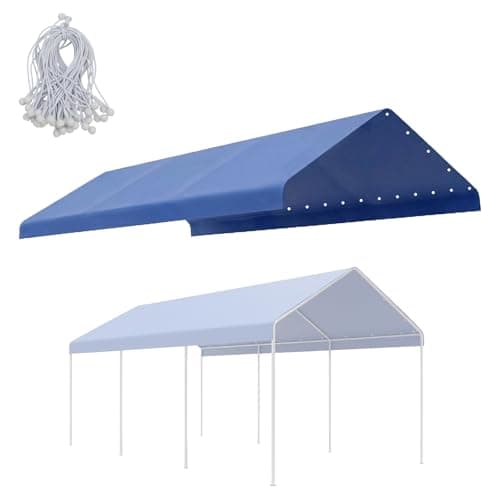 Image of COWVIE 3 x 6m Carport Canopy Replacement Cover, with 46Pcs Long Ball Bungees, Waterproof Garage Top Tent Shelter Tarp, Only Top Cover