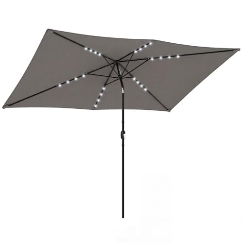 Image of Outsunny 3 x 2 m Garden Parasol Umbrella with LED Solar Light, Parasol Cover, Outdoor Table Market Patio Umbrella Sun Shade with Tilt and Crank, Vent, Dark Grey