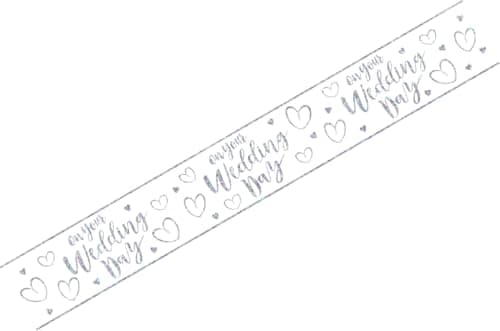 Image of Wedding Day Happy Wedding Day Just Married Congrats White And Silver Holographic Recyclable Party Banner Garland Decoration