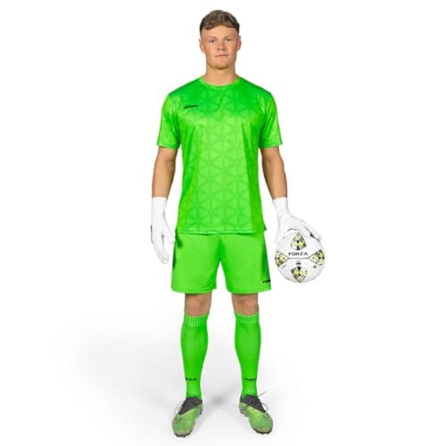 Image of FORZA Men's Goalkeeper Kit [XS-XXL] | Complete Football Set with Short Sleeve Football Jersey, Shorts & Knee-High Socks (UK, Alpha, M, Regular, Regular, Fluro Green)