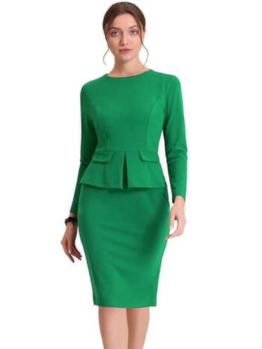 Image of Allegra K Women's St. Patrick's Day Bodycon Dresses Round Neck Long Sleeve Casual Work Outfits Peplum Sheath Dress Green M