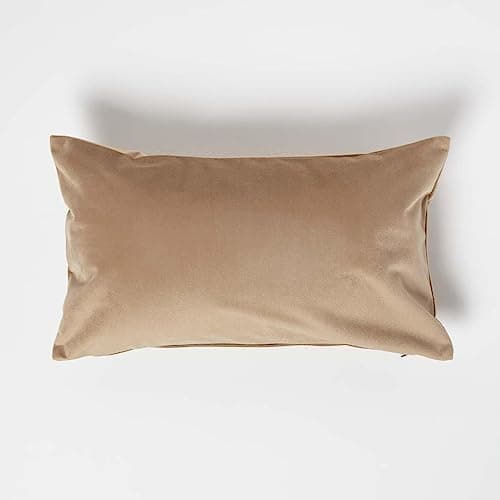 Image of HOMESCAPES Beige Velvet Cushion 30 x 50 cm Super Soft Velvet Scatter Bolster Cushion with Super Microfibre Cushion Pad Insert Included Rectangular Accent Throw Pillow for Sofa or Bed