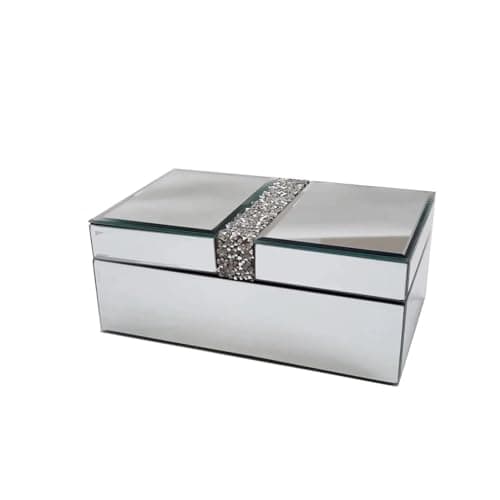 Image of Biznest Luxury Silver Mirrored Finish Glass Jewellery Box Sparkle Crushed Diamante Square Storage Display Holder Velvet Lined Interior Large Cosmetics Organiser Dressing Table Vanity Decor 25 X 20 Cm