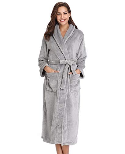 Image of Vlazom Women Dressing Gown, Flannel Soft Bathrobe Cosy Robes Fluffy Warm Housecoat for Cold Winter, 43813, Light Grey