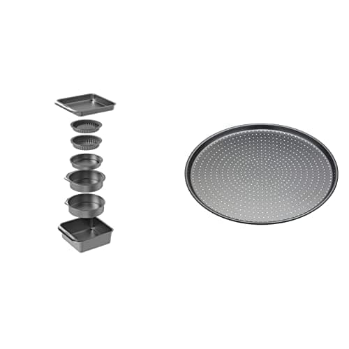 Image of MasterClass Smart Space 7 Piece Non Stick Stackable Bakeware Set & KCMCCB14 Crusty Bake Perforated Pizza Tray with PFOA Free Non Stick, Robust 1 mm Carbon Steel, 32 cm, Grey