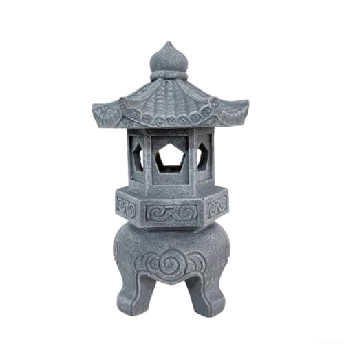Image of Alanmoship Zen Solar Pagoda Lantern Grey Resin Outdoor Garden Decor with Auto Light, for Patio Yard Lawn Asian Statue 63x126x394 Inch(Fireplace lights)