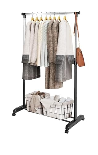 Image of BREEZENEST Small Clothing Rail with Wheels, Mini Clothes Rail for Small Space, Expandable Metal Garment Stand with Adjustable Shelves, Portable Wardrobe Tidy Hanging Rail